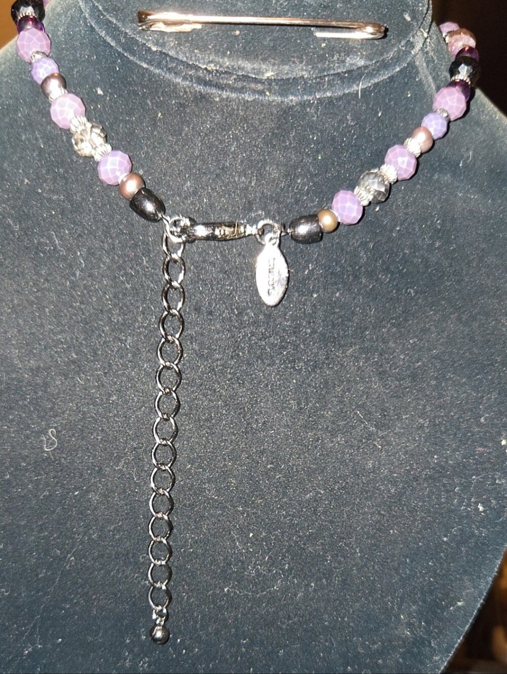 Chico’s Purple Beaded Pavé Disc Pendant Statement Necklace Silver Tone - Picture 8 of 10
